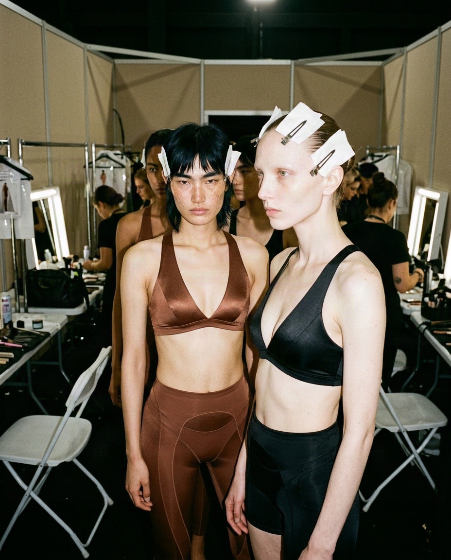 SKIMS spec editorial backstage portrait of two models in brown and black minimal bodywear with hair clips
