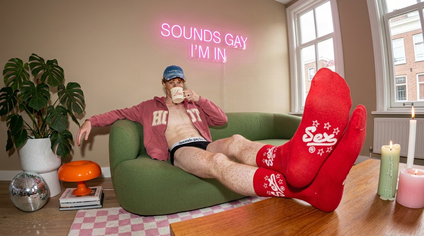 Carne Bollente spec editorial model reclining in a green chair beneath a pink neon sign with red socks