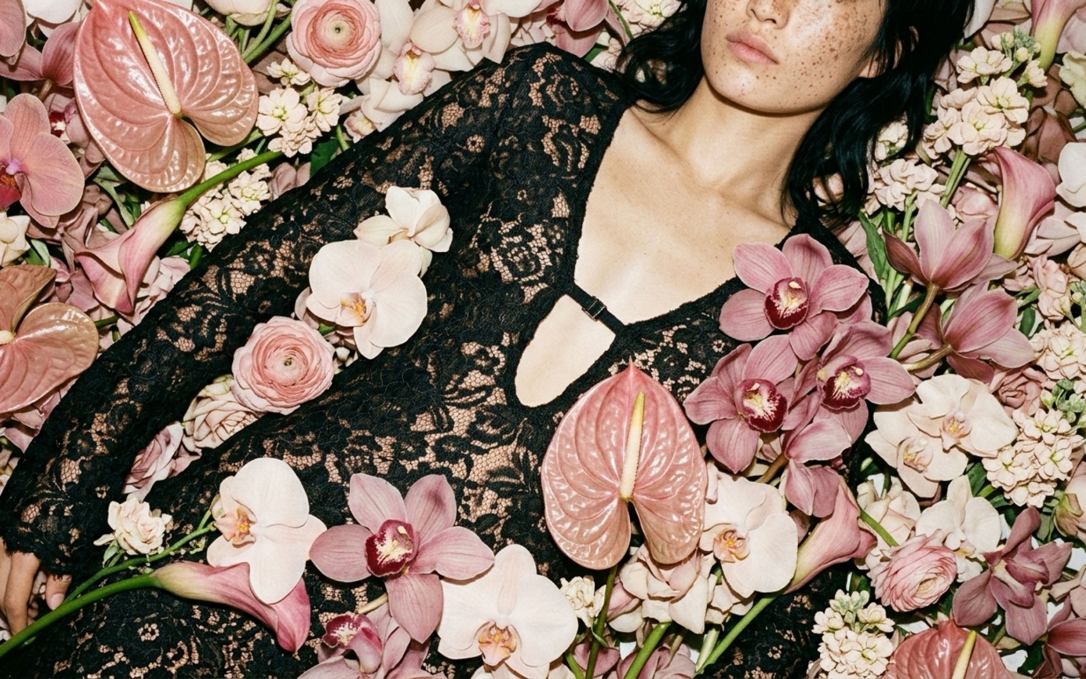 MISHIMONO spec editorial close-up of black lace against pink orchids, anthuriums and soft floral textures