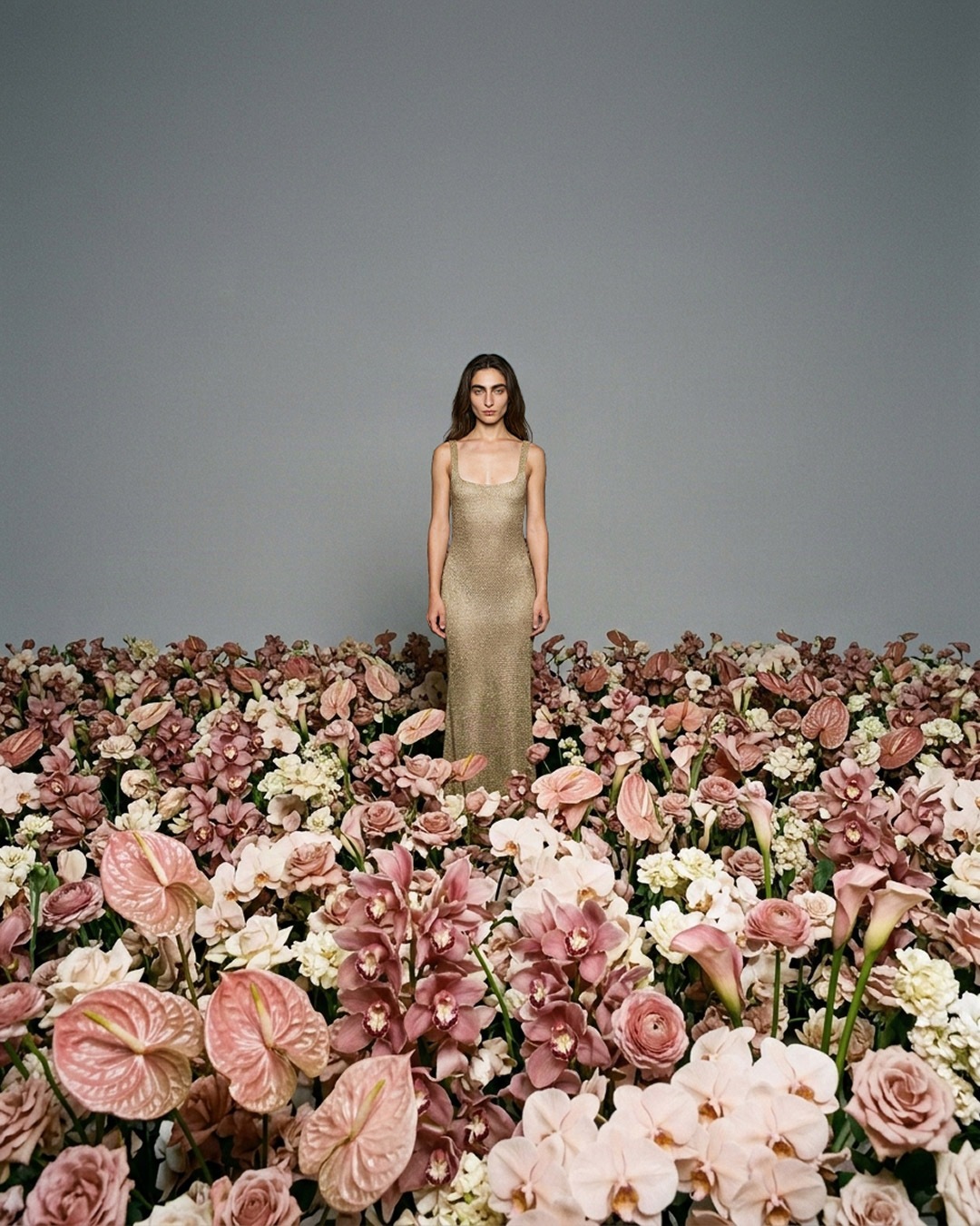 MISHIMONO spec editorial model in a metallic gold dress standing alone beyond a field of pink flowers