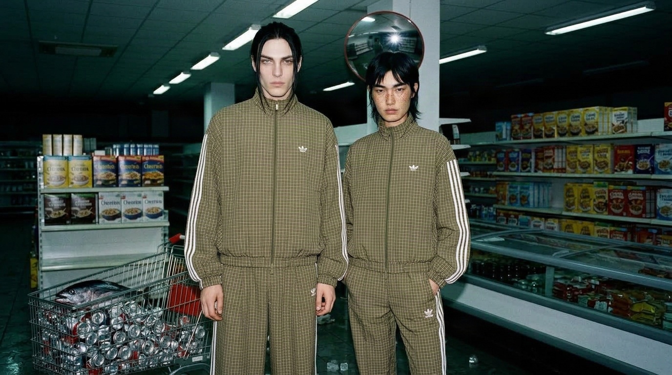 adidas spec editorial two models in matching olive tracksuits beside a fish-filled shopping cart in a market