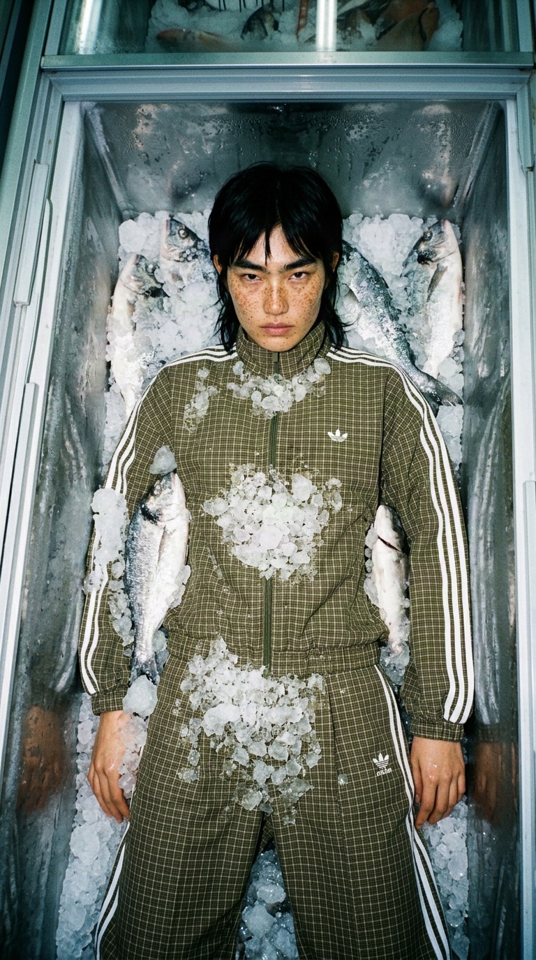 adidas spec editorial model in a striped olive tracksuit standing inside an ice-filled fish freezer