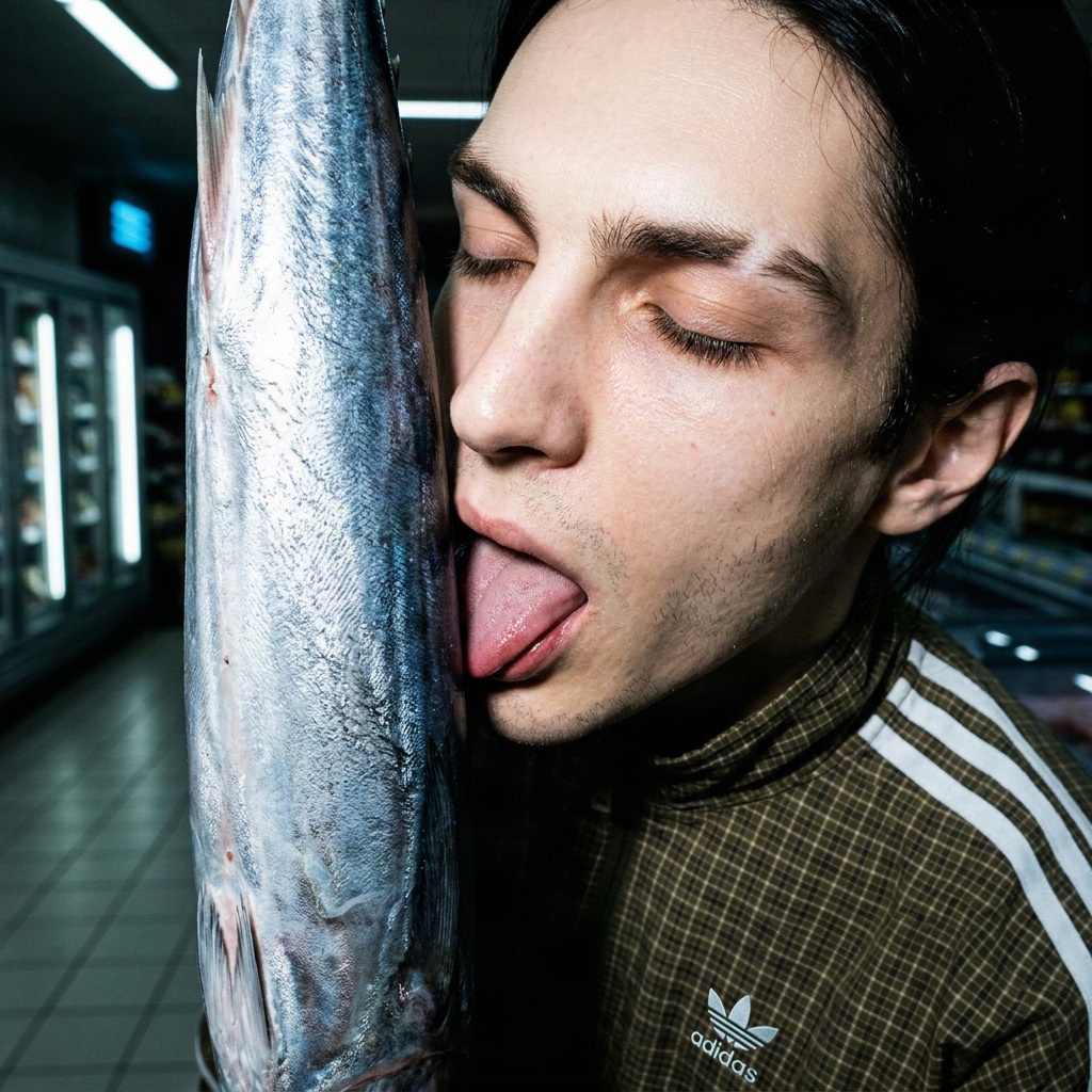 adidas spec editorial close-up of a model pressing their face to a silver fish in a fluorescent market