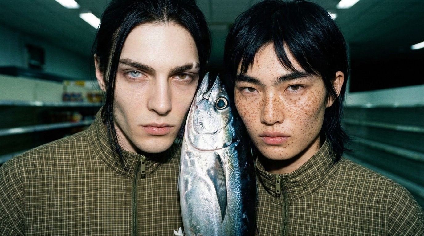 adidas spec editorial two models in matching olive track jackets pose with a silver fish in a market aisle
