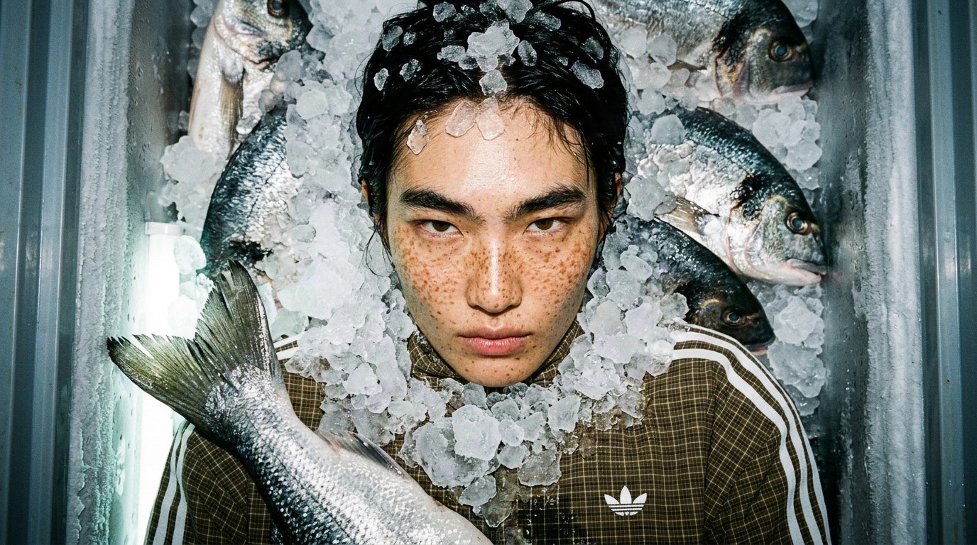 adidas spec editorial model in an olive tracksuit framed by ice, fish and a chilled display case