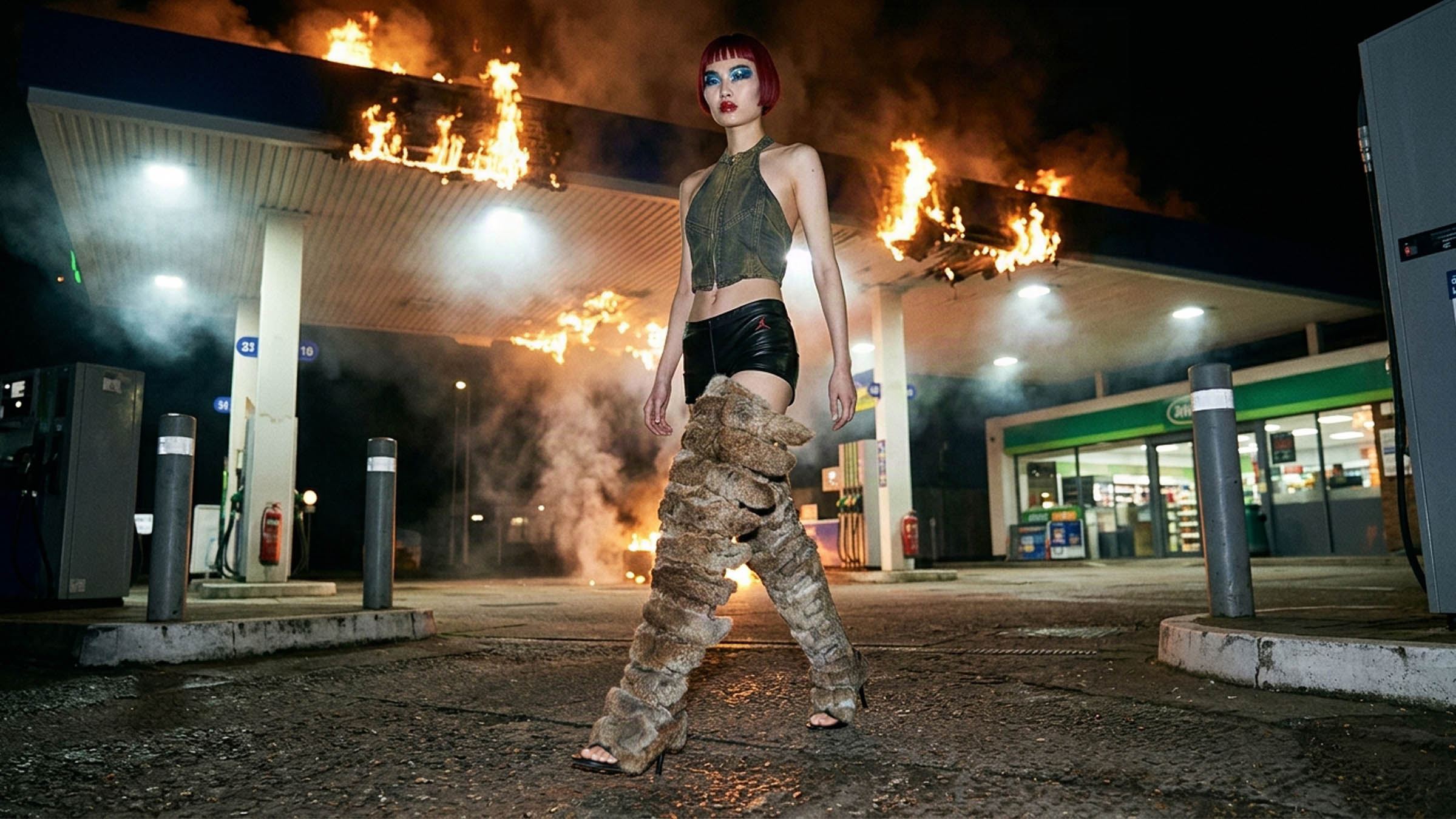 Mowalola spec editorial model in a dark cropped top and textured trousers beneath a burning station canopy